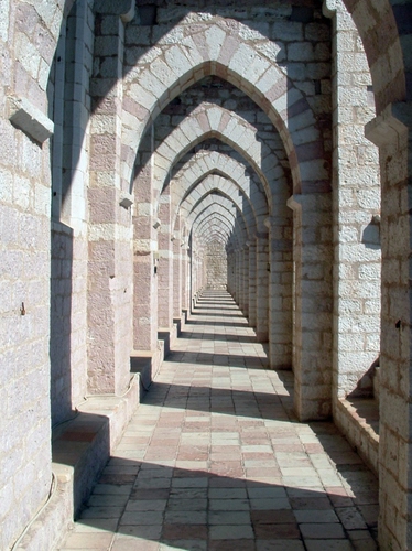Immagine con archi, ombre, prospettiva, pilastri, portico, corridoio, pietra, pietre, portici, colonne, pavimento, mattoni, sassi, ombra